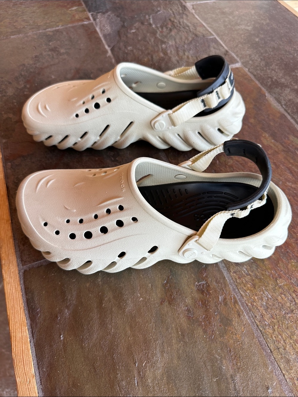 CROCS Beige Clog Sandals with Black Heel Strap
